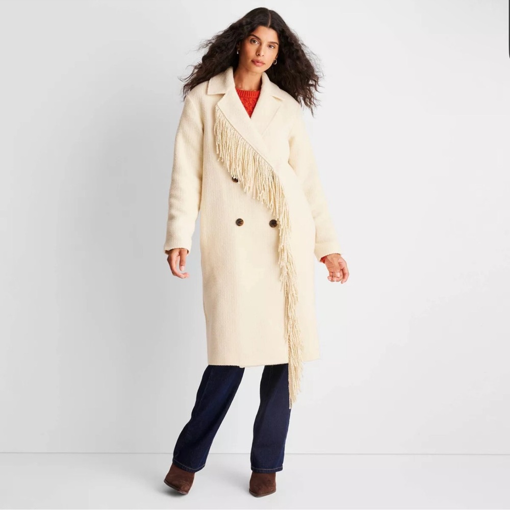 Fringe-Trim Double-Breasted Cream Coat